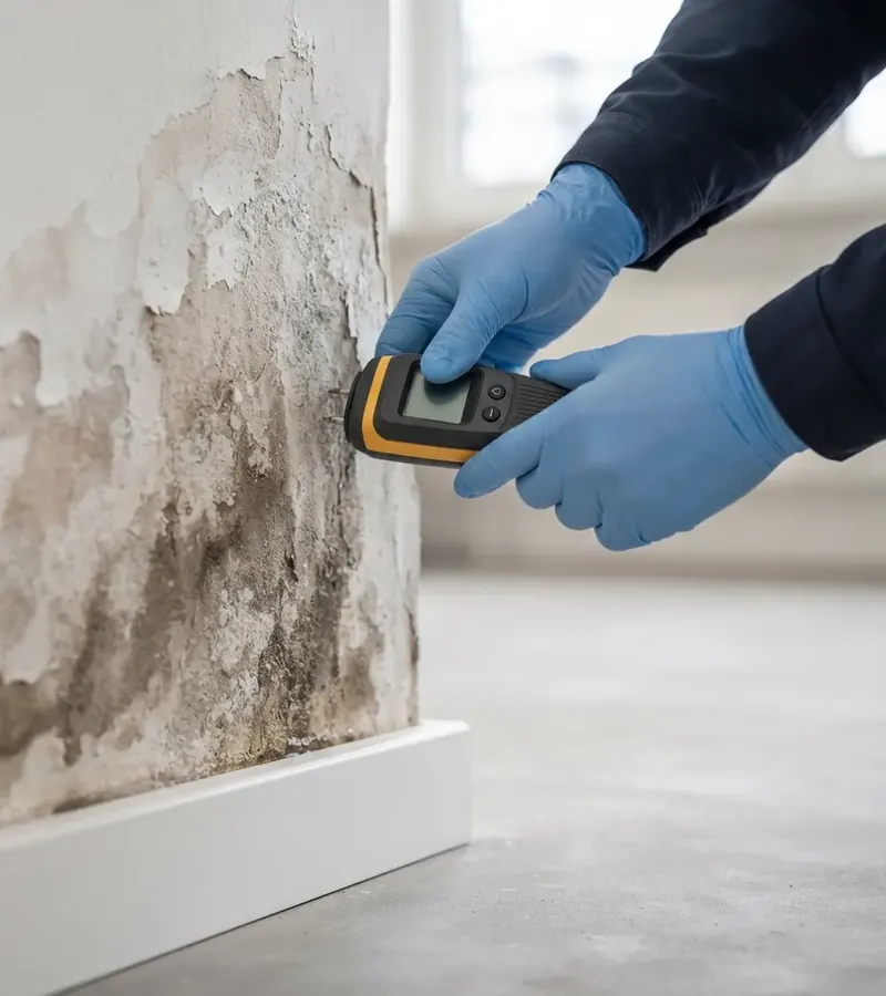 Técnico midiendo la humedad en la parte baja de una pared en Illescas
