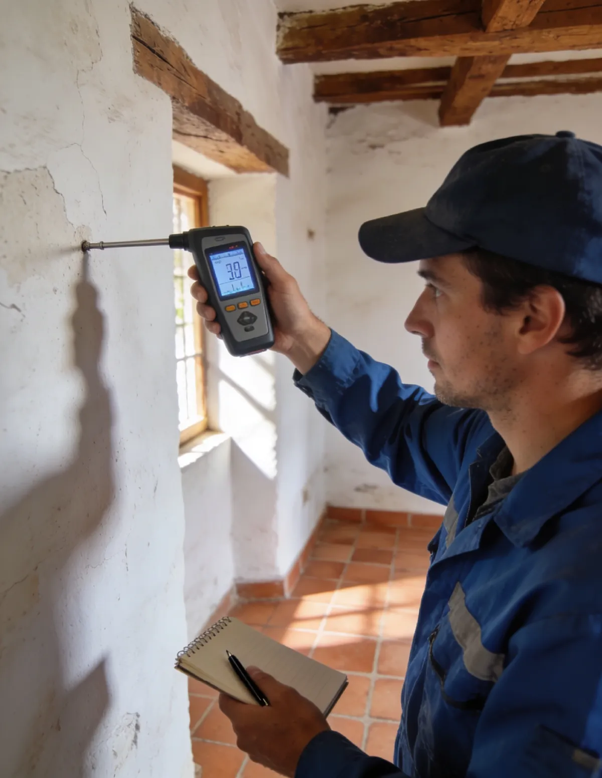 Técnico HUMIX midiendo la humedad de un muro antiguo en Illescas