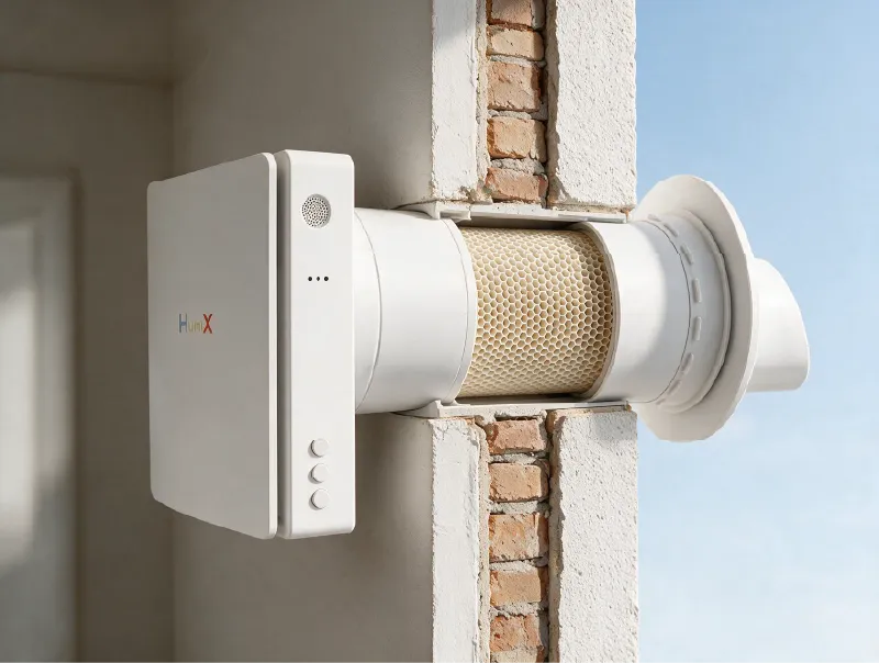 Equipo de ventilación descentralizada HUMIX instalado en un muro exterior